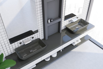 White tile bathroom with double sink, top view