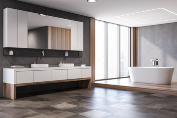 Gray and wooden bathroom corner, tub and sink