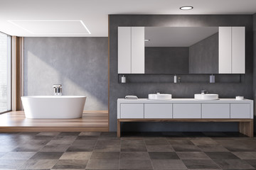 Fototapeta na wymiar Gray and wooden bathroom interior, tub and sink