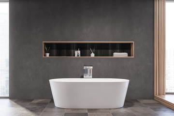 Fototapeta na wymiar Gray bathroom interior with tub and shelf
