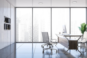 Panoramic executive office interior with bookcase