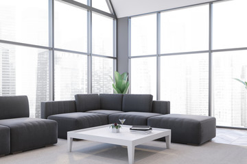 Panoramic gray living room corner with sofa