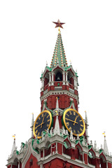 Fototapeta na wymiar Moscow Kremlin, Red Square. Spasskaya (Savior's) clock tower decorated by the red ruby star on the top of it. Isolated on white