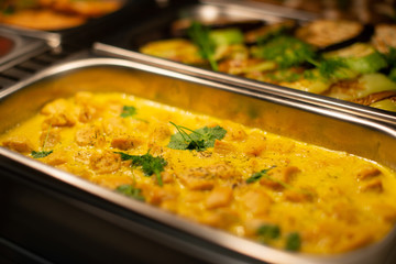 Restaurant breakfast menu with various cakes.