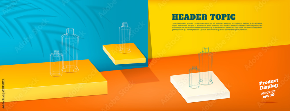 Poster summer studio table with product display block background.vivid yellow orange and blue with palm lea