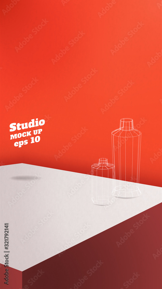 Poster studio table background.vector,vivid red product display block with oragne red wall.mockup for displ