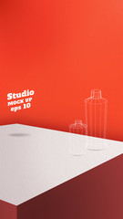 Studio table background.Vector,vivid red product display block with oragne red wall.mockup for display of design.Vertical Banner for advertise product.16 9 ratio