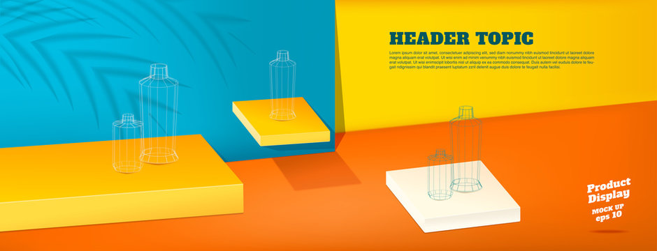 Summer studio table with product display block background.vivid yellow orange and blue with palm leaf shadow and hard light room for display of product.mockup banner for advertising online