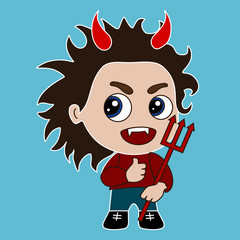 emoji with evil devil boy with horns, cuspids grinning, holding a trident in his hand, satan or red imp with canine teeth showing a thumbs up gesture, beelzebub with raised thumb holding a pikestuff