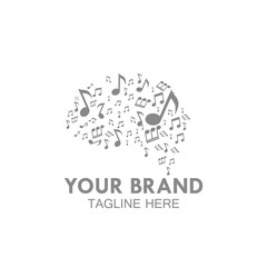 brain logo and and notes silhouette design vector template. Think idea concept brain and notes music