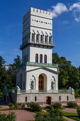 PUSHKIN / RUSSIA - AUGUST 2015: Neo-Gothic tower-like pavilion in Alexandrovsky park, Pushkin...