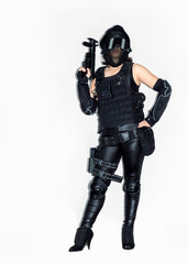 Fototapeta premium asian lady in black soldier bb gun sport game costume and weapon