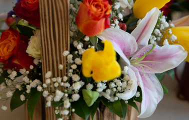 Bouquet with flower blossom. Floral background. Shallow depth photo. Soft toned colors.