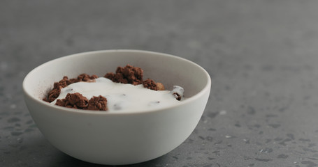yogurt pour over chocolate granola in white bowl on terrazzo surface