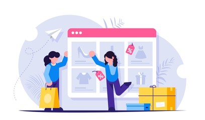 Online shopping. Girls make purchases in the online store. The product catalog on the web browser page. The girl chooses new shoes. Paper bag and shopping boxes. Vector isolated illustration.