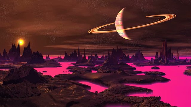 Sunset on the Twilight Planet . Dark cliffs stand in the midst of a thick pink mist. In the starry sky, a planet surrounded by rings. The bright sun sets, clouds slowly float. 