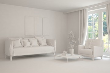 Mock up of stylish room in white color with sofa. Scandinavian interior design. 3D illustration