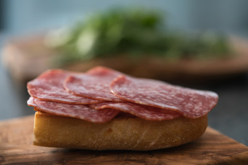 Toasted ciabatta with salami sausage on olive board