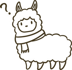 マフラーを巻いたアルパカのイラスト(アウトラインのみ)_？マーク