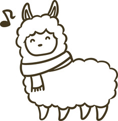 マフラーを巻いたアルパカのイラスト(アウトラインのみ)_ご機嫌