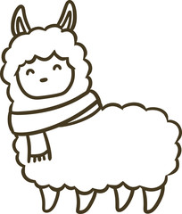 マフラーを巻いたアルパカのイラスト(アウトラインのみ)_笑顔
