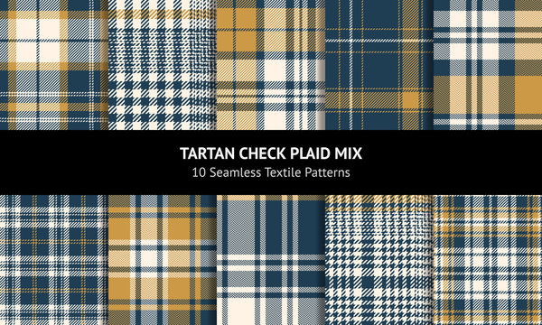 Tartan plaid pattern background set. Seamless check plaid graphic in blue, gold, and off white for scarf, flannel shirt, blanket, throw, duvet cover, or other autumn winter textile design.