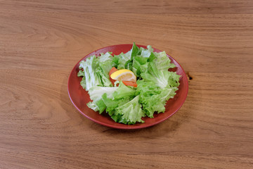 Restaurant food served on a red plate. Fish, cheese, salad, vegetables, sauce.