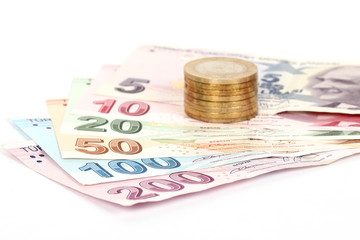 Turkish lira banknotes and coins