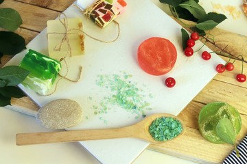 Natural soap, sea salt on a light background, spa treatments, body care, healthy lifestyle