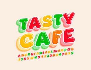 Vector bright logo Tasty Cafe with colorful Font. Creative 3D Alphabet Letters ad Numbers