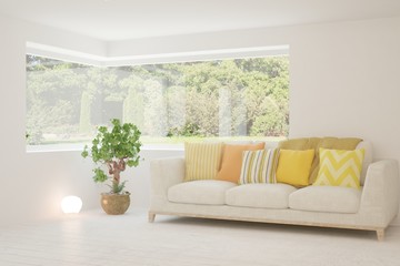 Stylish room in white color with sofa and summer landscape in window. Scandinavian interior design. 3D illustration