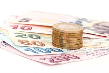 Turkish lira banknotes and coins