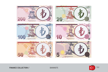 Turkish Lira Banknotes set. Flat style highly detailed vector illustration. Isolated on white background. Suitable for print materials, web design, mobile app and infographics.