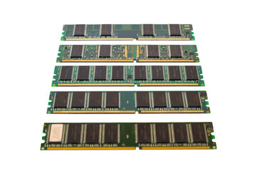 DDR SDRAM memory modules isolated on white. perspective view of DDR chip combined on a module chipset for desktop PCs. Cut out image