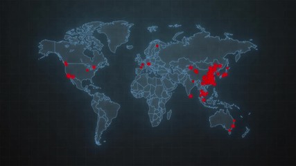 world map of the spread of coronavirus virus infection. Animated map of dark blue color with red icons appearing. - Powered by Adobe