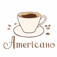 Hand drawn cup of coffee and grains around. Inscription americano. Vector graphics