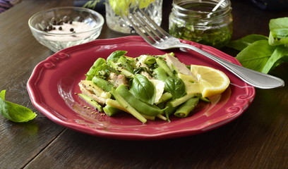 Chicken salad with zucchini, green beans and basil pesto