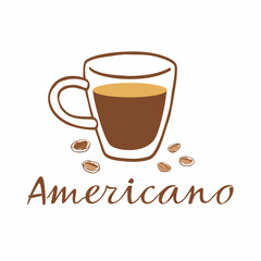 Hand drawn cup of coffee and grains around. Inscription americano. Vector graphics