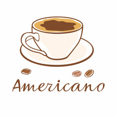 Hand drawn cup of coffee and grains around. Inscription americano. Vector graphics