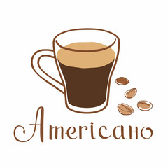 Hand drawn cup of coffee and grains around. Inscription americano. Vector graphics