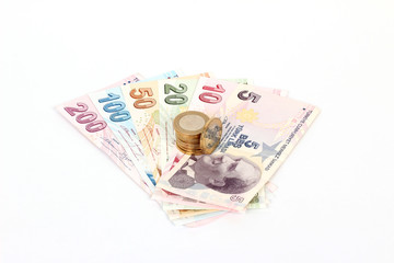 Obraz na płótnie Canvas Turkish lira banknotes and coins
