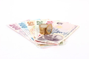 Turkish lira banknotes and coins