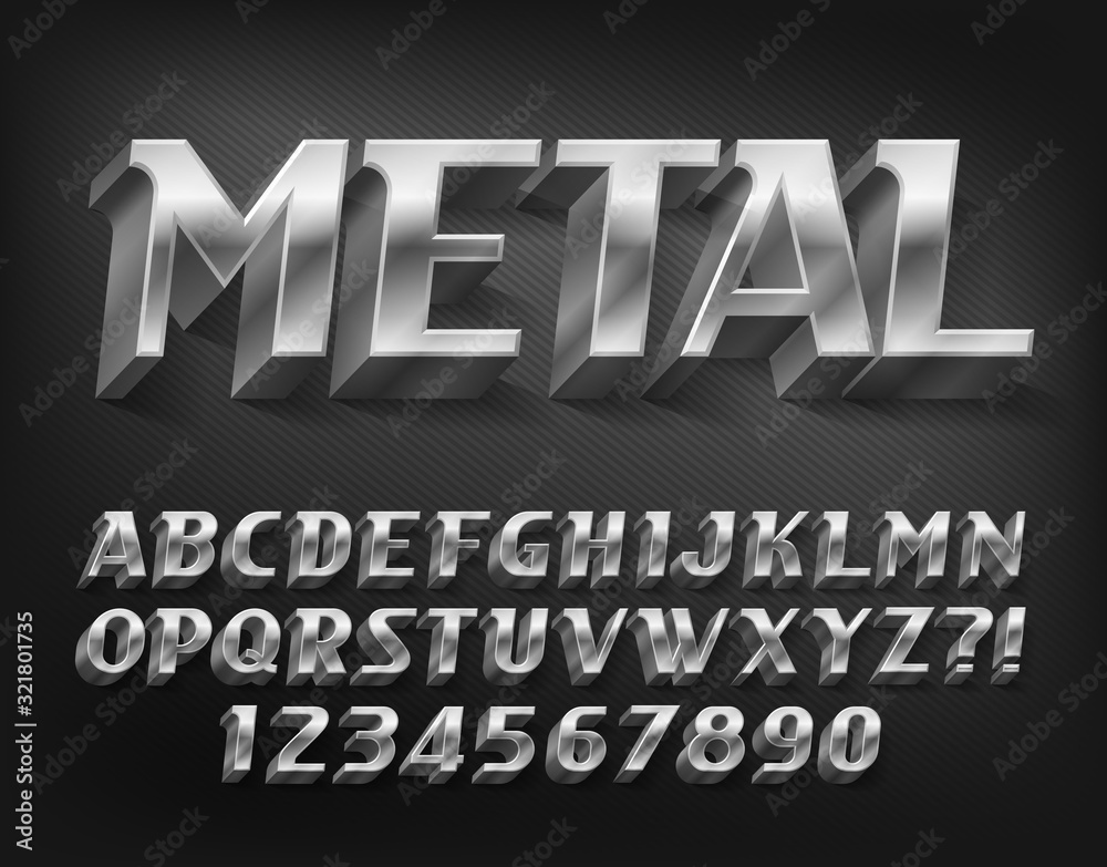 Fototapete metal alphabet font. 3d chrome effect letters and numbers with shadow. stock vector typeface for you
