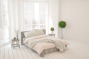 Stylish bedroom in white color. Scandinavian interior design. 3D illustration