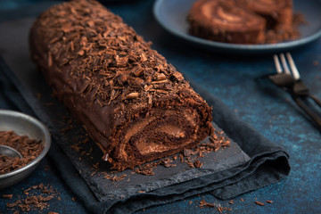 delicious chocolate roulade cake with chocolate cream
