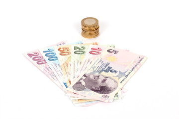 Turkish lira banknotes and coins