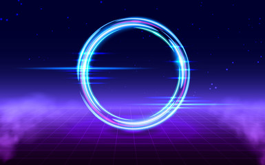 Vaporwave style. Retrofuturistic landscape with perspective grid and glowing circle with fog. Background synth and vaporwave style for electronic music, posters and wallpaper.
