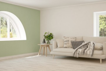 Stylish room in white color with sofa. Scandinavian interior design. 3D illustration