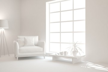 Mock up of stylish room in white color with armchair. Scandinavian interior design. 3D illustration
