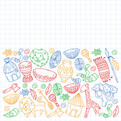 Vector african tribal pattern for banner and posters. Icons of animals and traditional elements for children fabric, clothes, textile. Travel and adventure